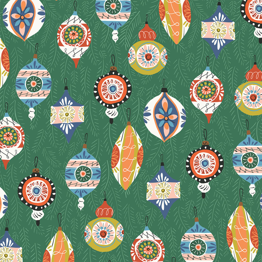 Cotton quilting fabric pattern called 'Beautiful Baubles'. Part of the 'Tinsel Time!' fabric collection. Designed by Louise Cunningham for fabric company Cloud 9 Fabrics. SKU: 227526. 44-45 inch width.