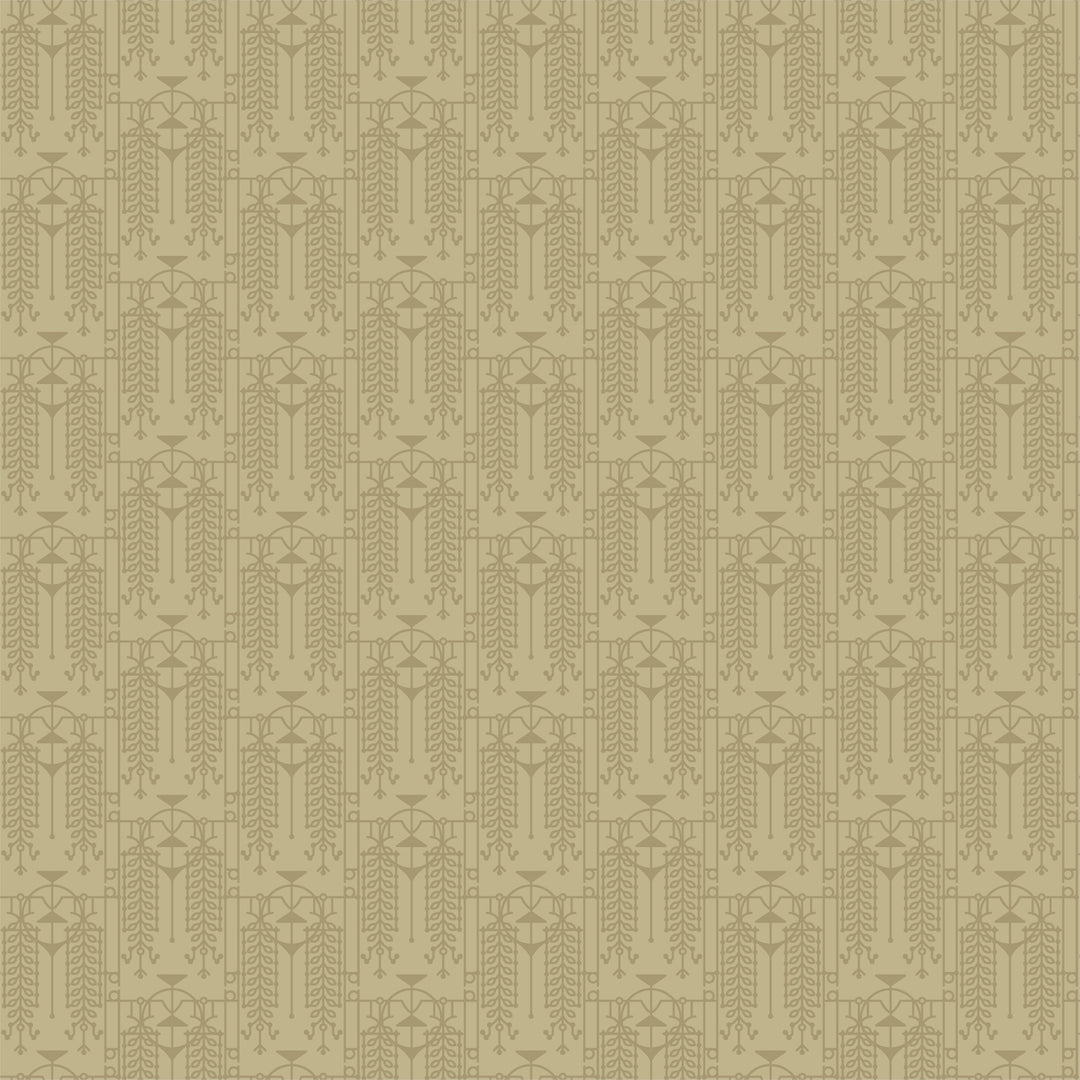 Cotton quilting fabric pattern called 'The House Beautiful Design A in Pale Mustard'. Part of the 'March Balloons' fabric collection. Designed by Frank Lloyd Wright Collection with Cloud 9 Fabrics for fabric company Cloud 9 Fabrics. SKU: 227540. 44-45 inch width.