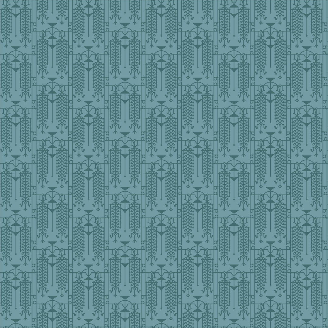 Cotton quilting fabric pattern called 'The House Beautiful Design A in Echo Blue'. Part of the 'March Balloons' fabric collection. Designed by Frank Lloyd Wright Collection with Cloud 9 Fabrics for fabric company Cloud 9 Fabrics. SKU: 227542. 44-45 inch width.