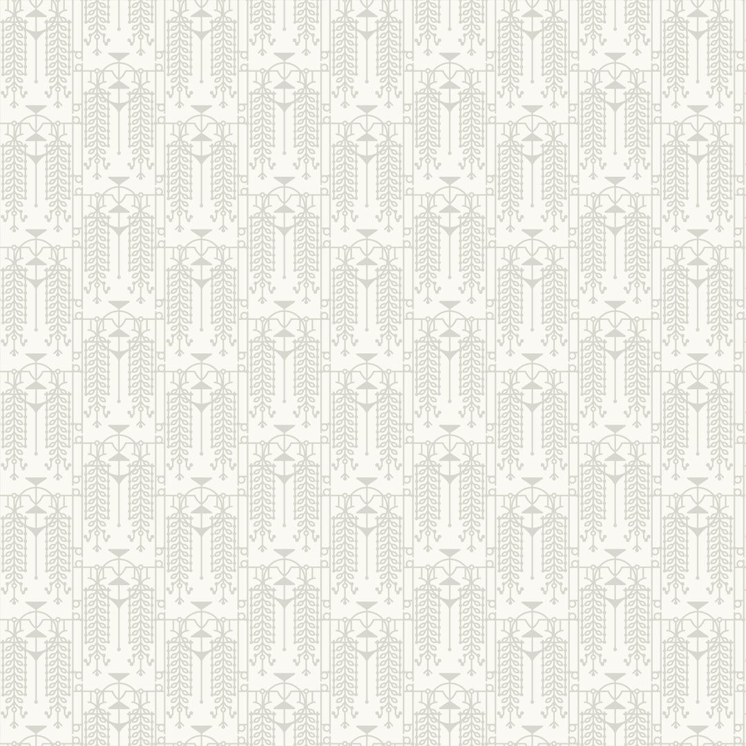 Cotton quilting fabric pattern called 'The House Beautiful Design A in Oyster Shell White'. Part of the 'March Balloons' fabric collection. Designed by Frank Lloyd Wright Collection with Cloud 9 Fabrics for fabric company Cloud 9 Fabrics. SKU: 227544. 44-45 inch width.