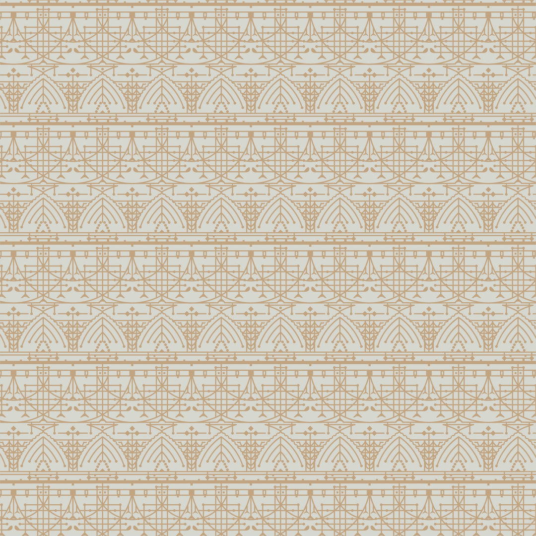 Cotton quilting fabric pattern called 'The House Beautiful Design B in Soft Gray'. Part of the 'March Balloons' fabric collection. Designed by Frank Lloyd Wright Collection with Cloud 9 Fabrics for fabric company Cloud 9 Fabrics. SKU: 227546. 44-45 inch width.