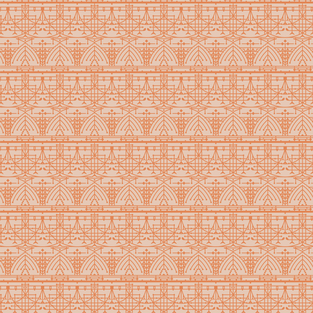 Cotton quilting fabric pattern called 'The House Beautiful Design B in Ochre'. Part of the 'March Balloons' fabric collection. Designed by Frank Lloyd Wright Collection with Cloud 9 Fabrics for fabric company Cloud 9 Fabrics. SKU: 227547. 44-45 inch width.