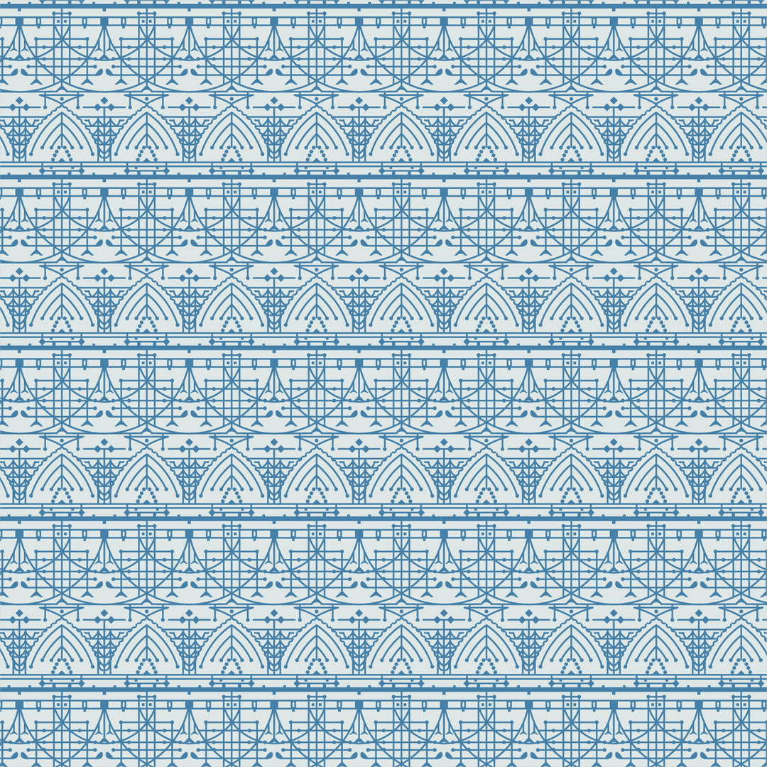 Cotton quilting fabric pattern called 'The House Beautiful Design B in Bluebird'. Part of the 'March Balloons' fabric collection. Designed by Frank Lloyd Wright Collection with Cloud 9 Fabrics for fabric company Cloud 9 Fabrics. SKU: 227548. 44-45 inch width.