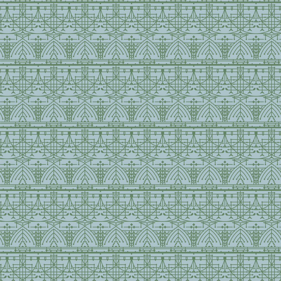 Cotton quilting fabric pattern called 'The House Beautiful Design B in Sky Blue'. Part of the 'March Balloons' fabric collection. Designed by Frank Lloyd Wright Collection with Cloud 9 Fabrics for fabric company Cloud 9 Fabrics. SKU: 227549. 44-45 inch width.