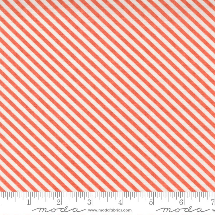 Cotton quilting fabric pattern called 'Bias Stripe in Strawberry'. Part of the 'Make Time' fabric collection. Designed by Aneela Hoey for fabric company Moda Fabrics. SKU: 24575 13. 44-45 inch width.