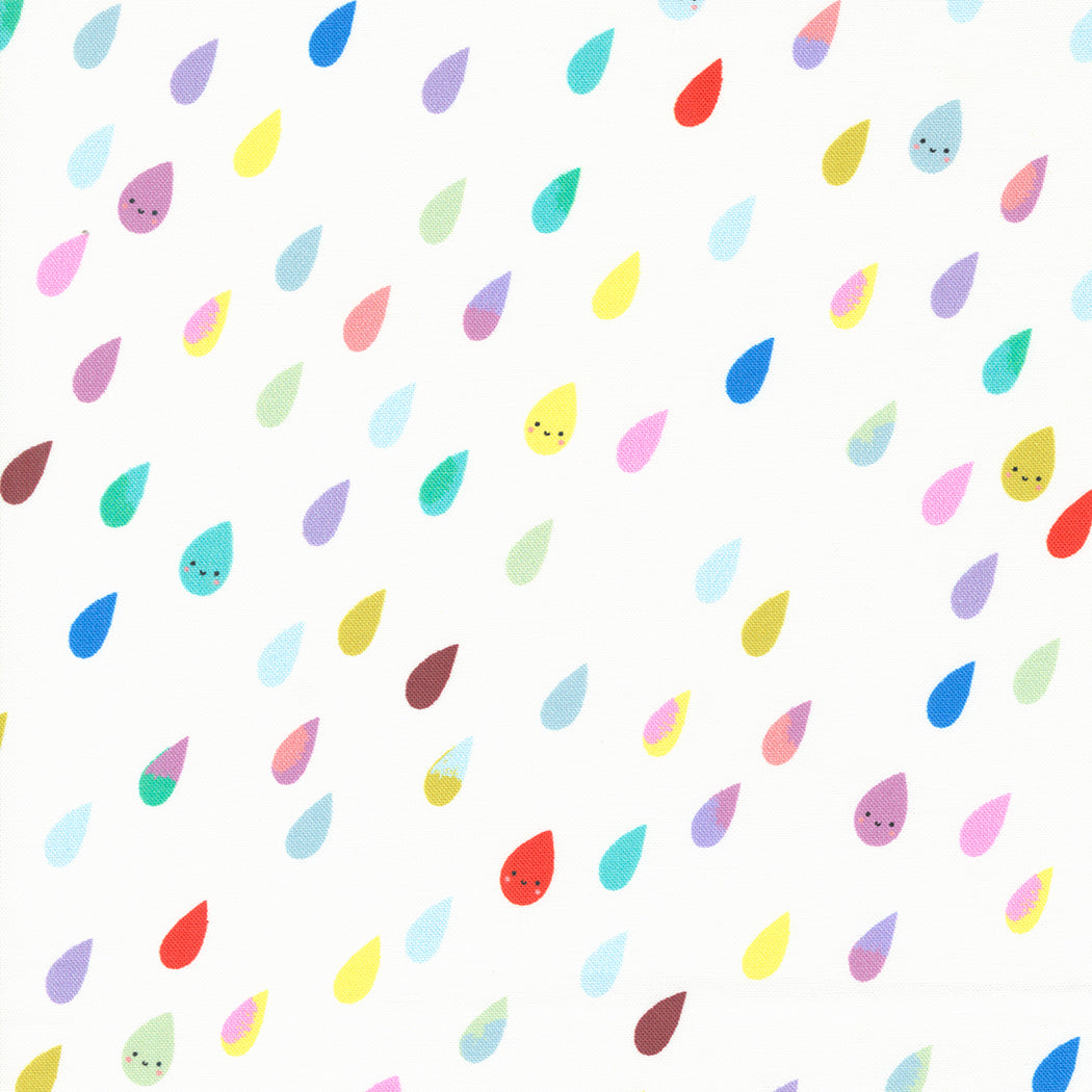 Cotton quilting fabric pattern called 'Rainbow Raindrops in Cloud'. Part of the 'Whatever the Weather' fabric collection. Designed by Paper + Cloth for fabric company Moda Fabrics. SKU: 25141 11. 44-45 inch width.