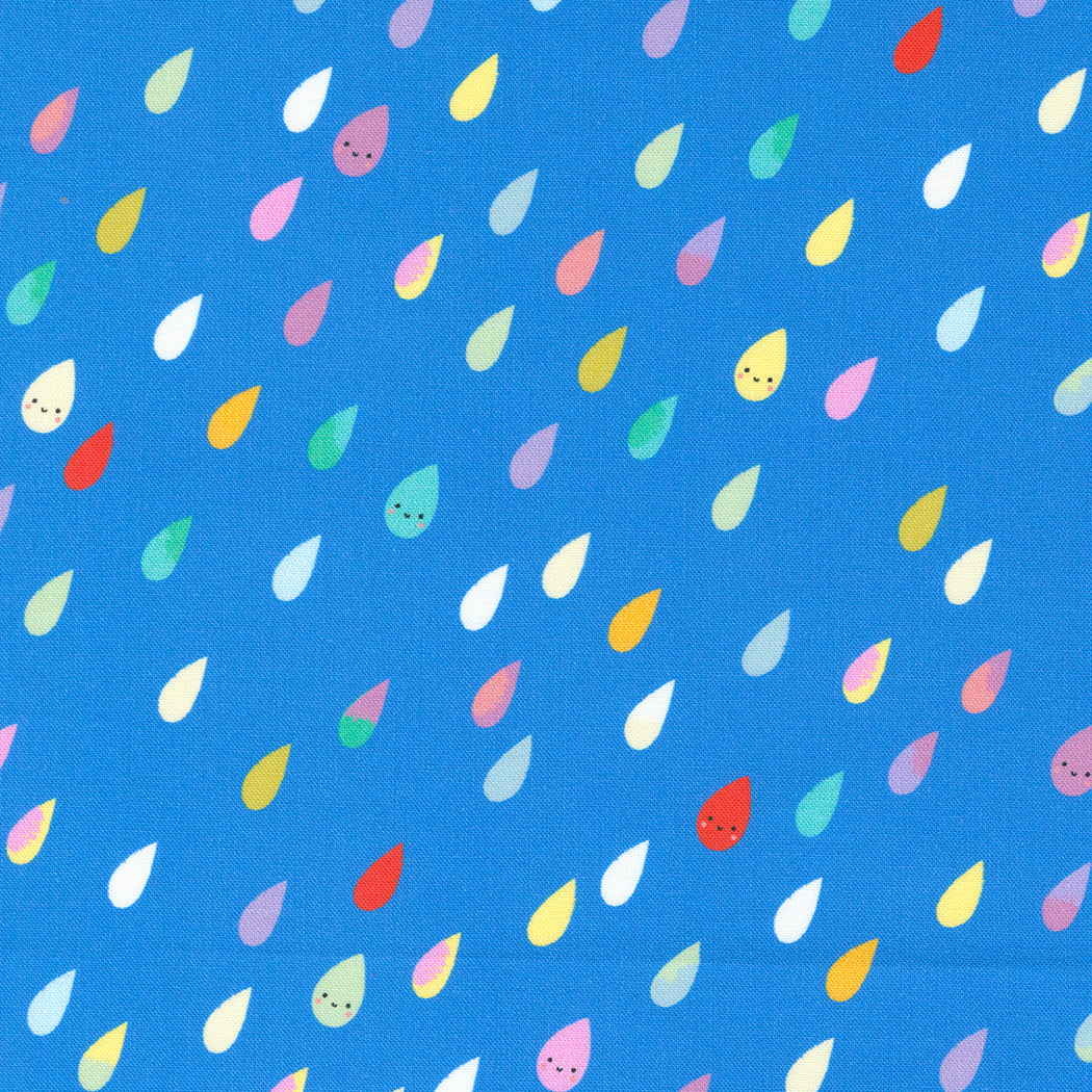 Cotton quilting fabric pattern called 'Rainbow Raindrops in Bright Sky'. Part of the 'Whatever the Weather' fabric collection. Designed by Paper + Cloth for fabric company Moda Fabrics. SKU: 25141 13. 44-45 inch width.