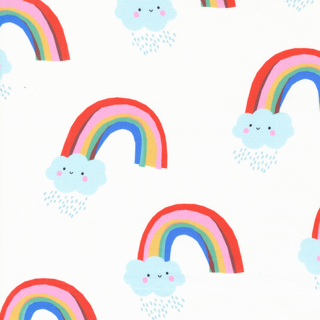 Cotton quilting fabric pattern called 'Papercut Rainbows in Cloud'. Part of the 'Whatever the Weather' fabric collection. Designed by Paper + Cloth for fabric company Moda Fabrics. SKU: 25145 11. 44-45 inch width.