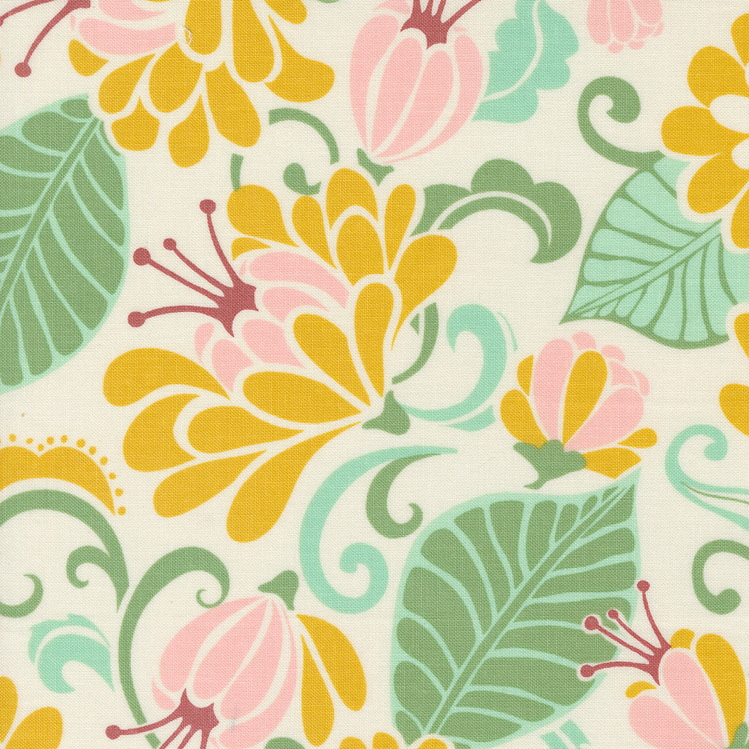 Cotton quilting fabric pattern called 'Sarabande Cream in Sunshine'. Part of the 'Tango' fabric collection. Designed by Kate Spain for fabric company Moda. SKU: 27330 31. 44-45 inch width.