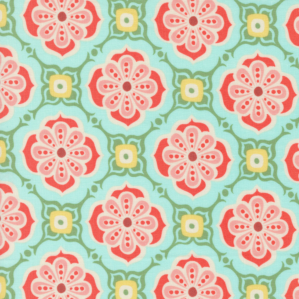 Cotton quilting fabric pattern called 'Alhambra in Sky'. Part of the 'Tango' fabric collection. Designed by Kate Spain for fabric company Moda. SKU: 27333 22. 44-45 inch width.