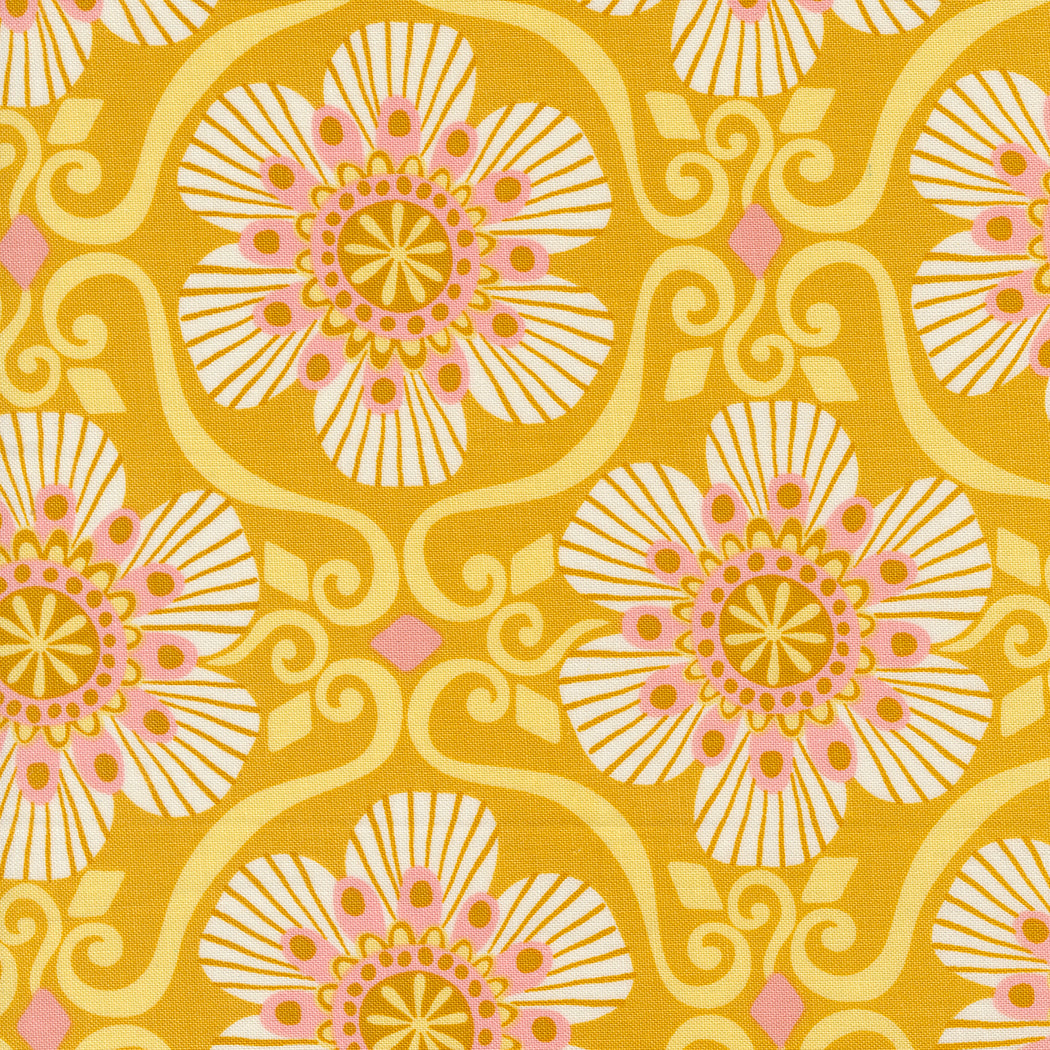 Cotton quilting fabric pattern called 'Barcelona in Tumeric'. Part of the 'Tango' fabric collection. Designed by Kate Spain for fabric company Moda. SKU: 27334 18. 44-45 inch width.