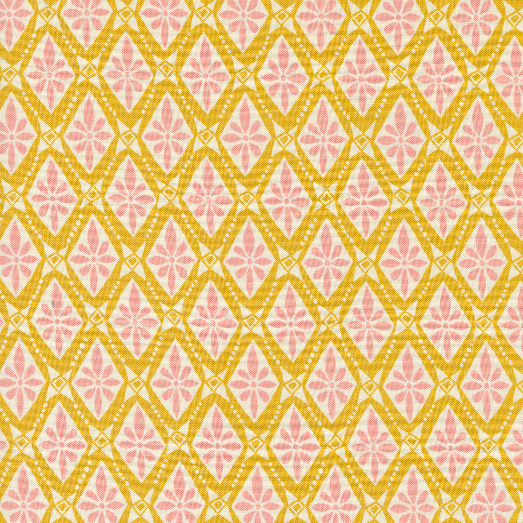 Cotton quilting fabric pattern called 'Bolero in Sunshine'. Part of the 'Tango' fabric collection. Designed by Kate Spain for fabric company Moda. SKU: 27336 17. 44-45 inch width.