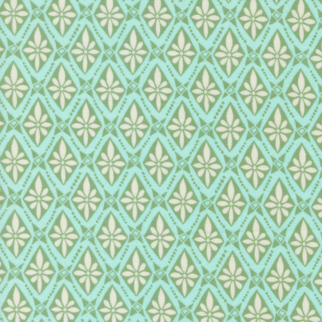 Cotton quilting fabric pattern called 'Bolero in Sky'. Part of the 'Tango' fabric collection. Designed by Kate Spain for fabric company Moda. SKU: 27336 22. 44-45 inch width.