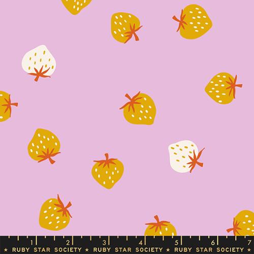 Cotton quilting fabric pattern called 'Strawberry Toss in Macaron'. Part of the 'Picture Book' fabric collection. Designed by Kimberly Kight for fabric company Ruby Star Society. SKU: RS3071 16. 44-45 inch width.