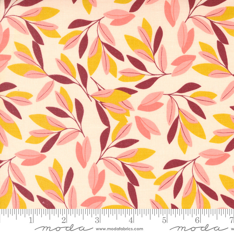 Cotton quilting fabric pattern called 'Willow Leaves in Blush'. Part of the 'Willow' fabric collection. Designed by 1 Canoe 2 for fabric company Moda Fabrics. SKU: 36061 15. 44-45 inch width.