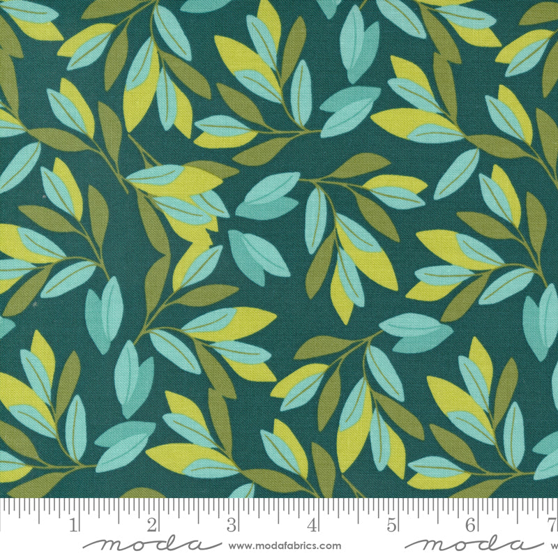 Cotton quilting fabric pattern called 'Willow Leaves in Lagoon'. Part of the 'Willow' fabric collection. Designed by 1 Canoe 2 for fabric company Moda Fabrics. SKU: 36061 20. 44-45 inch width.