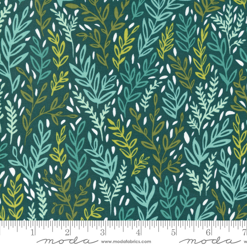 Cotton quilting fabric pattern called 'Meadow in Lagoon'. Part of the 'Willow' fabric collection. Designed by 1 Canoe 2 for fabric company Moda Fabrics. SKU: 36062 20. 44-45 inch width.