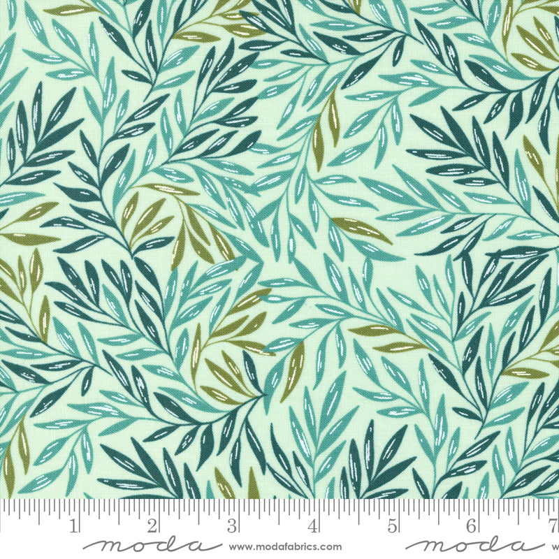 Cotton quilting fabric pattern called 'Willow in Mist'. Part of the 'Willow' fabric collection. Designed by 1 Canoe 2 for fabric company Moda Fabrics. SKU: 36063 18. 44-45 inch width.