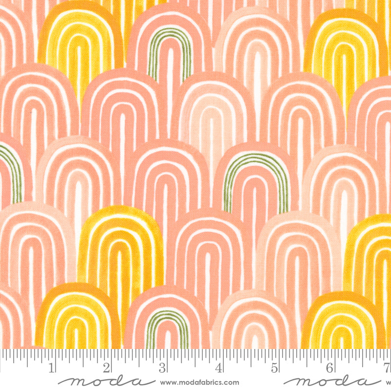 Cotton quilting fabric pattern called 'Arches in Peony'. Part of the 'Willow' fabric collection. Designed by 1 Canoe 2 for fabric company Moda Fabrics. SKU: 36065 13. 44-45 inch width.