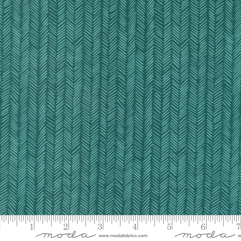 Cotton quilting fabric pattern called 'Herringbone in Lagoon'. Part of the 'Willow' fabric collection. Designed by 1 Canoe 2 for fabric company Moda Fabrics. SKU: 36068 20. 44-45 inch width.