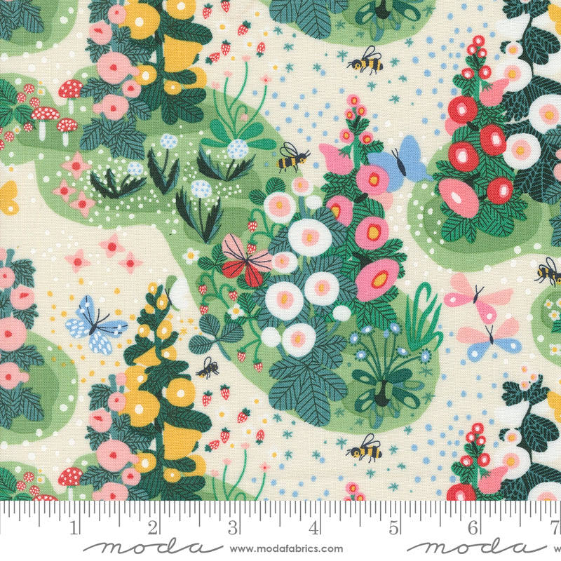 Cotton quilting fabric pattern called 'Fairy Garden in Eggshell'. Part of the 'Love Letter' fabric collection. Designed by Lizzy House for fabric company MODA. SKU: 37120 11. 44-45 inch width.