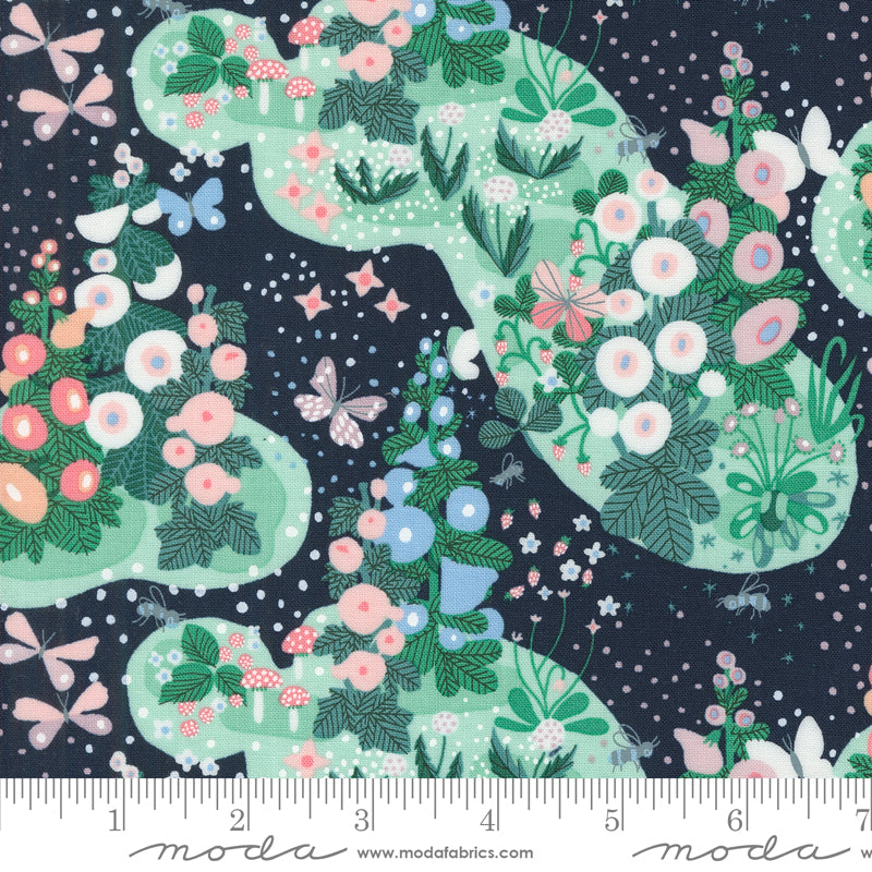 Cotton quilting fabric pattern called 'Fairy Garden in Peacoat'. Part of the 'Love Letter' fabric collection. Designed by Lizzy House for fabric company MODA. SKU: 37120 27. 44-45 inch width.