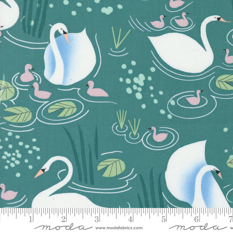 Cotton quilting fabric pattern called 'Little Loves in Pond'. Part of the 'Love Letter' fabric collection. Designed by Lizzy House for fabric company MODA. SKU: 37121 24. 44-45 inch width.