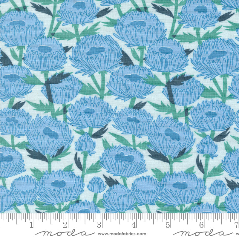 Cotton quilting fabric pattern called 'November in Lightest Blue'. Part of the 'Love Letter' fabric collection. Designed by Lizzy House for fabric company MODA. SKU: 37122 34. 44-45 inch width.