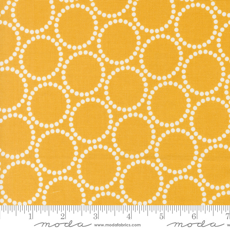 Cotton quilting fabric pattern called 'Pearl Bracelets in Golden'. Part of the 'Love Letter' fabric collection. Designed by Lizzy House for fabric company MODA. SKU: 37125 16. 44-45 inch width.