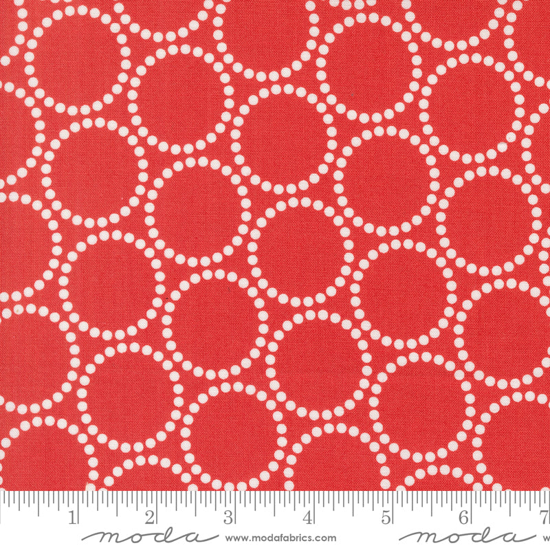 Cotton quilting fabric pattern called 'Pearl Bracelets in Red'. Part of the 'Love Letter' fabric collection. Designed by Lizzy House for fabric company MODA. SKU: 37125 18. 44-45 inch width.