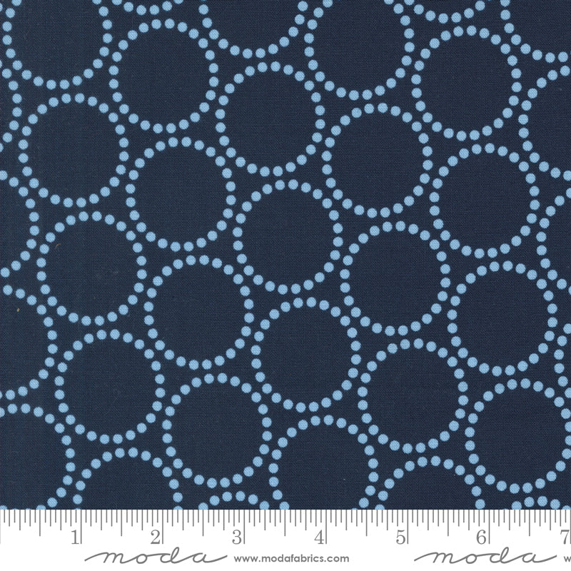 Cotton quilting fabric pattern called 'Pearl Bracelets in Peacoat'. Part of the 'Love Letter' fabric collection. Designed by Lizzy House for fabric company MODA. SKU: 37125 27. 44-45 inch width.