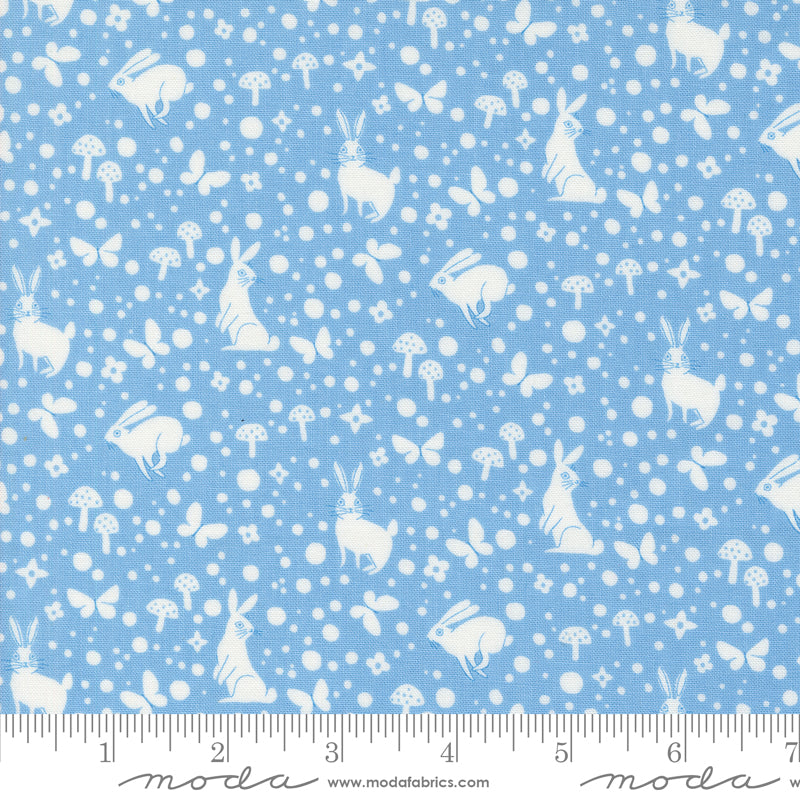 Cotton quilting fabric pattern called 'Wonder Dot in Blue Skies'. Part of the 'Love Letter' fabric collection. Designed by Lizzy House for fabric company MODA. SKU: 37127 32. 44-45 inch width.