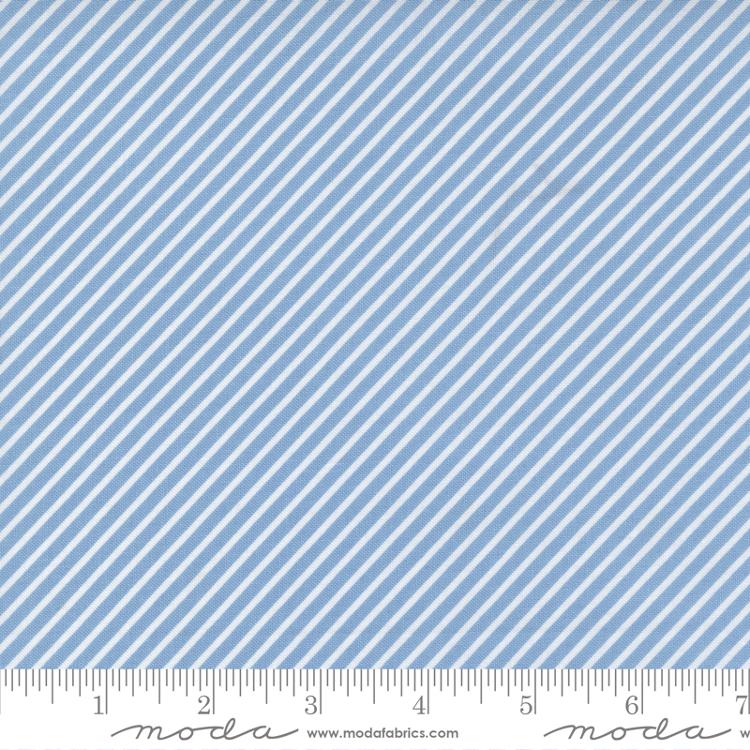 Cotton quilting fabric pattern called 'Stripe in Bluebell'. Part of the 'Emma' fabric collection. Designed by Sherri & Chelsi for fabric company Moda Fabrics. SKU: 37636 39. 44-45 inch width.