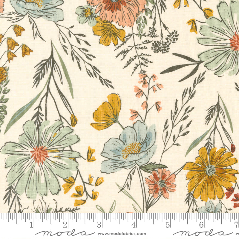 Cotton quilting fabric pattern called 'Wildflower Wonder in Cream'. Part of the 'Woodland Wildflowers' fabric collection. Designed by Fancy That Design House for fabric company Moda Fabrics. SKU: 45580 11. 44-45 inch width.