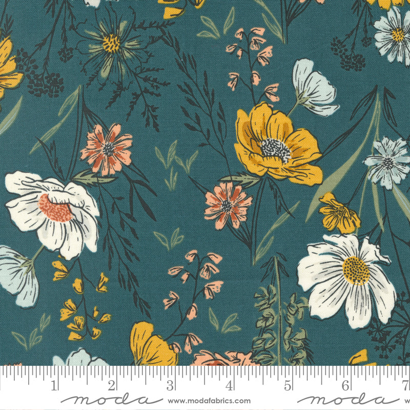 Cotton quilting fabric pattern called 'Wildflower Wonder in Dark Lake'. Part of the 'Woodland Wildflowers' fabric collection. Designed by Fancy That Design House for fabric company Moda Fabrics. SKU: 45580 18. 44-45 inch width.