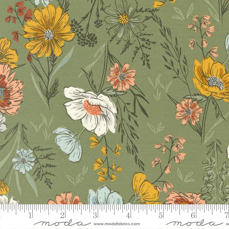 Cotton quilting fabric pattern called 'Wildflower Wonder in Stone Moss'. Part of the 'Woodland Wildflowers' fabric collection. Designed by Fancy That Design House for fabric company Moda Fabrics. SKU: 45580 21. 44-45 inch width.