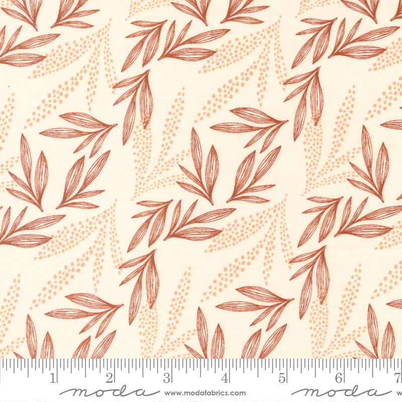 Cotton quilting fabric pattern called 'Leaf Lore in Cream'. Part of the 'Woodland Wildflowers' fabric collection. Designed by Fancy That Design House for fabric company Moda Fabrics. SKU: 45584 11. 44-45 inch width.