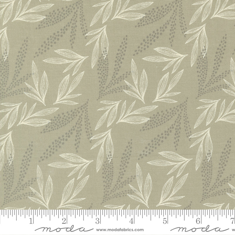 Cotton quilting fabric pattern called 'Leaf Lore in Taupe'. Part of the 'Woodland Wildflowers' fabric collection. Designed by Fancy That Design House for fabric company Moda Fabrics. SKU: 45584 13. 44-45 inch width.