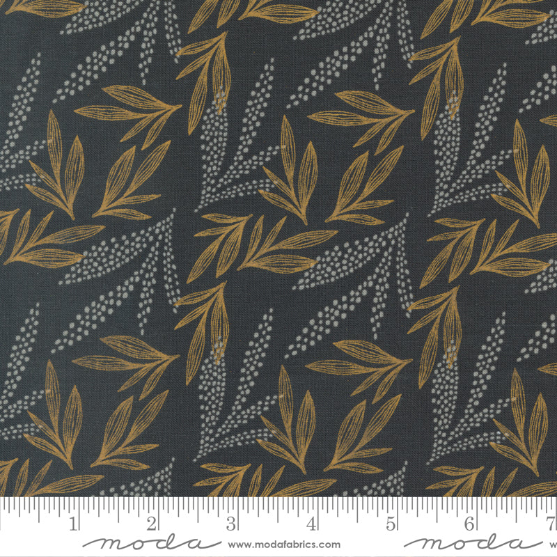 Cotton quilting fabric pattern called 'Leaf Lore in Charcoal'. Part of the 'Woodland Wildflowers' fabric collection. Designed by Fancy That Design House for fabric company Moda Fabrics. SKU: 45584 19. 44-45 inch width.