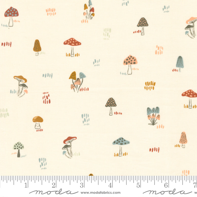 Cotton quilting fabric pattern called 'Micro Mushrooms in Cream'. Part of the 'Woodland Wildflowers' fabric collection. Designed by Fancy That Design House for fabric company Moda Fabrics. SKU: 45585 11. 44-45 inch width.