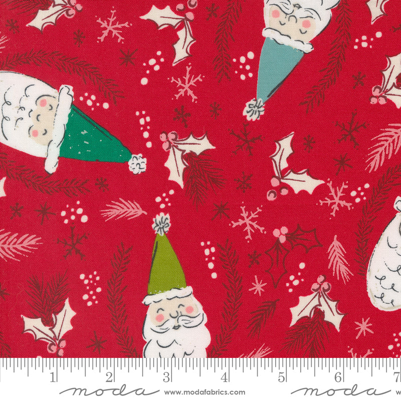 Cotton quilting fabric pattern called 'Jolly St Nick in Berry'. Part of the 'Cozy Wonderland' fabric collection. Designed by Fancy That Design House for fabric company Moda. SKU: 45590 14. 44-45 inch width.