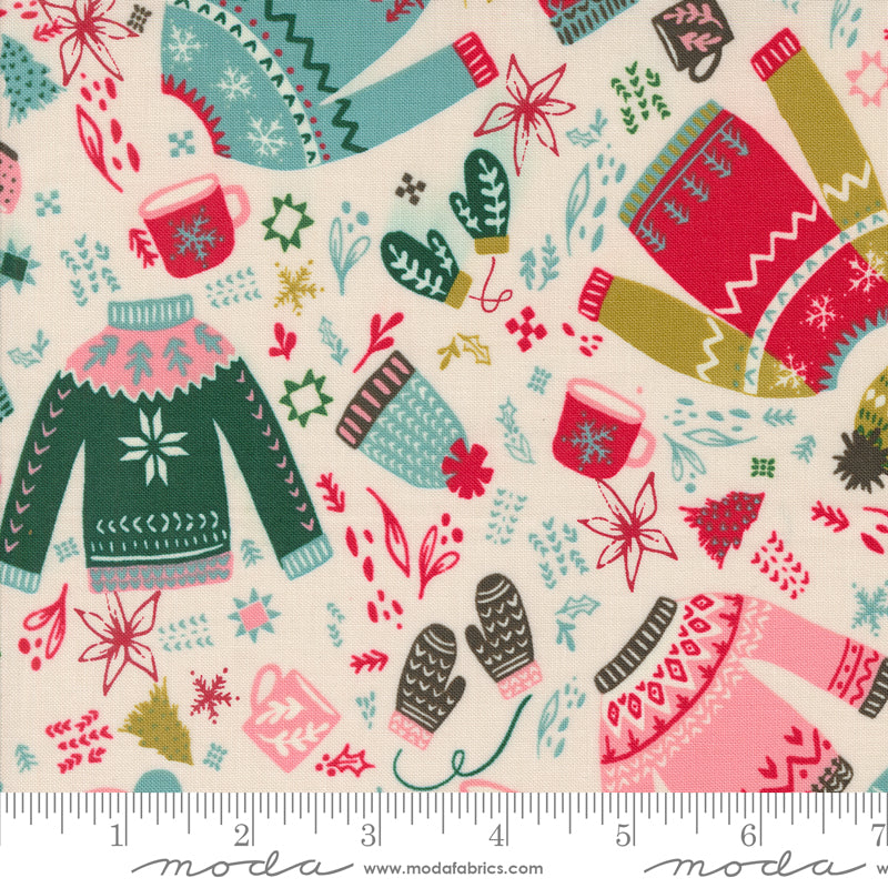 Cotton quilting fabric pattern called 'Cozy Please in Natural'. Part of the 'Cozy Wonderland' fabric collection. Designed by Fancy That Design House for fabric company Moda. SKU: 45591 11. 44-45 inch width.