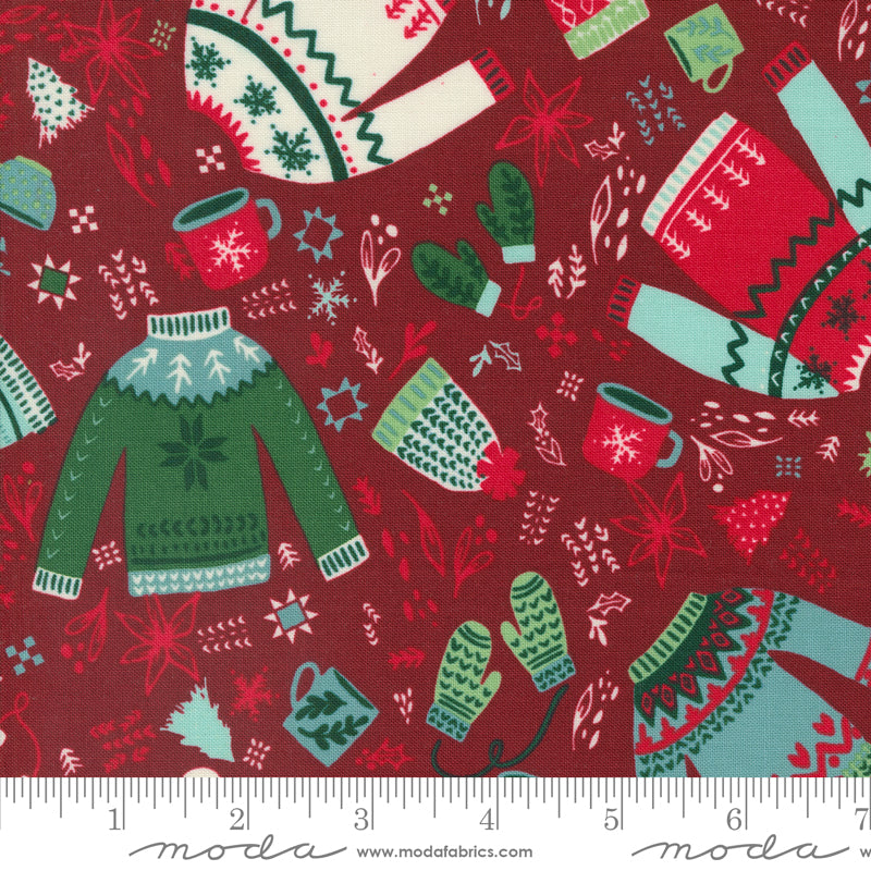 Cotton quilting fabric pattern called 'Cozy Please in Burgundy'. Part of the 'Cozy Wonderland' fabric collection. Designed by Fancy That Design House for fabric company Moda. SKU: 45591 13. 44-45 inch width.