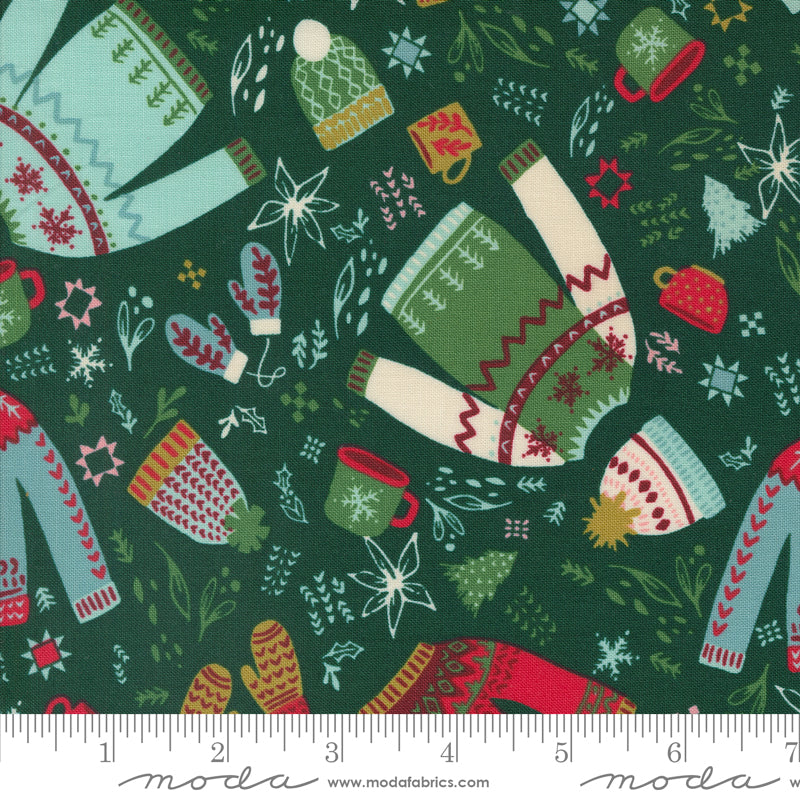 Cotton quilting fabric pattern called 'Cozy Please in Pine'. Part of the 'Cozy Wonderland' fabric collection. Designed by Fancy That Design House for fabric company Moda. SKU: 45591 23. 44-45 inch width.