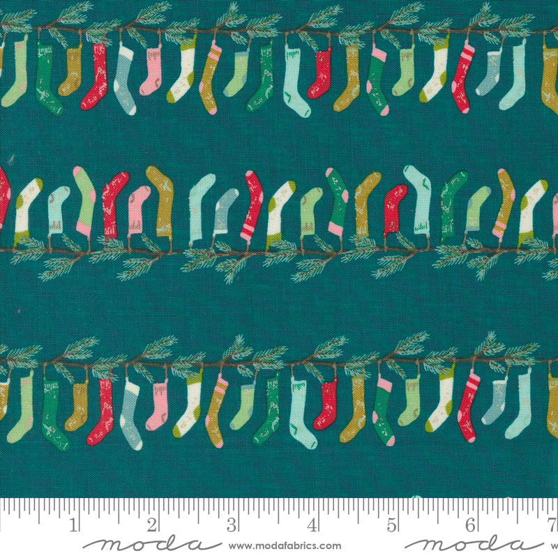 Cotton quilting fabric pattern called 'Stocking Stripe in Teal'. Part of the 'Cozy Wonderland' fabric collection. Designed by Fancy That Design House for fabric company Moda. SKU: 45592 15. 44-45 inch width.