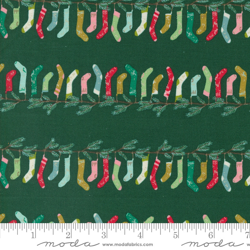 Cotton quilting fabric pattern called 'Stocking Stripe in Pine'. Part of the 'Cozy Wonderland' fabric collection. Designed by Fancy That Design House for fabric company Moda. SKU: 45592 23. 44-45 inch width.