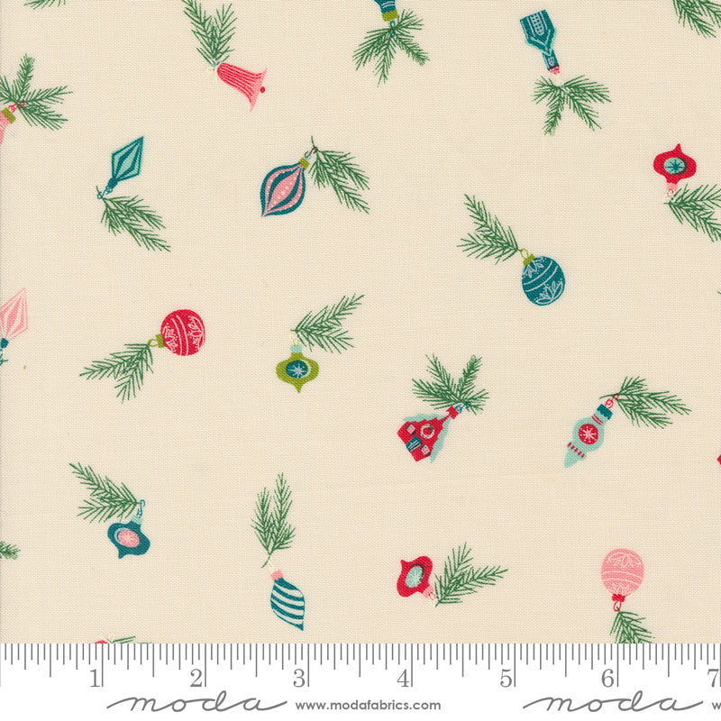 Cotton quilting fabric pattern called 'Vintage Baubles in Natural'. Part of the 'Cozy Wonderland' fabric collection. Designed by Fancy That Design House for fabric company Moda. SKU: 45593 11. 44-45 inch width.