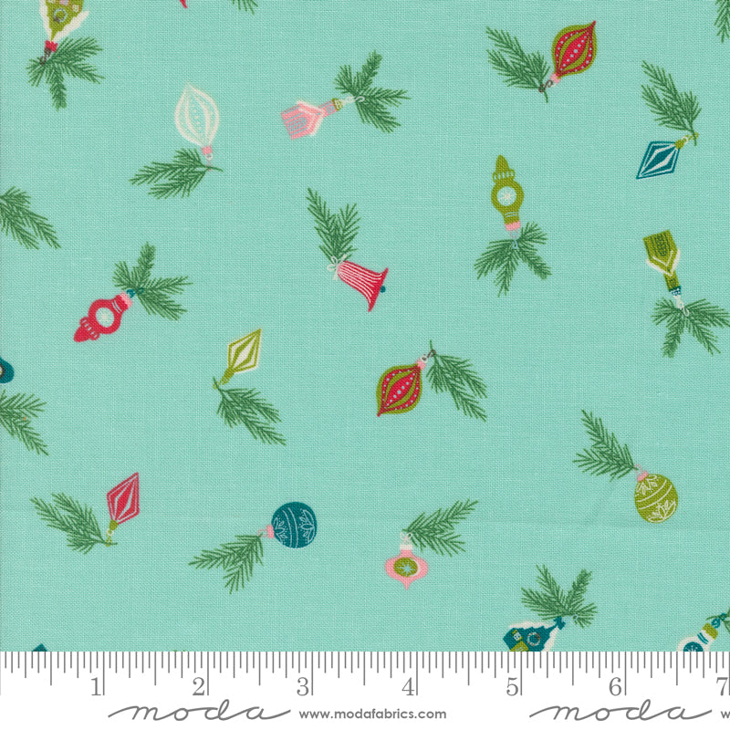 Cotton quilting fabric pattern called 'Vintage Baubles in Icicle'. Part of the 'Cozy Wonderland' fabric collection. Designed by Fancy That Design House for fabric company Moda. SKU: 45593 17. 44-45 inch width.