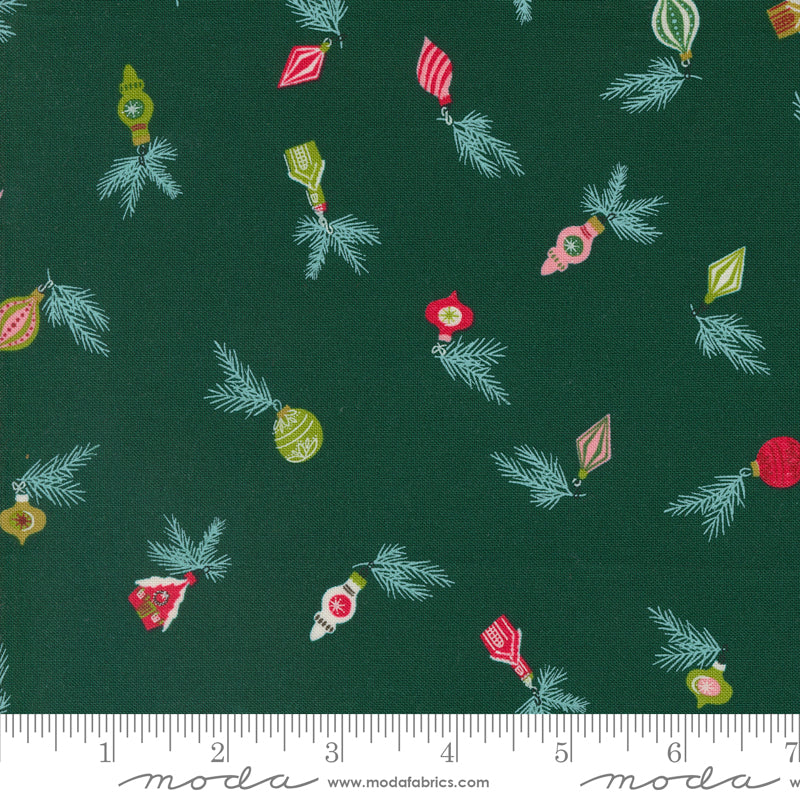 Cotton quilting fabric pattern called 'Vintage Baubles in Pine'. Part of the 'Cozy Wonderland' fabric collection. Designed by Fancy That Design House for fabric company Moda. SKU: 45593 23. 44-45 inch width.