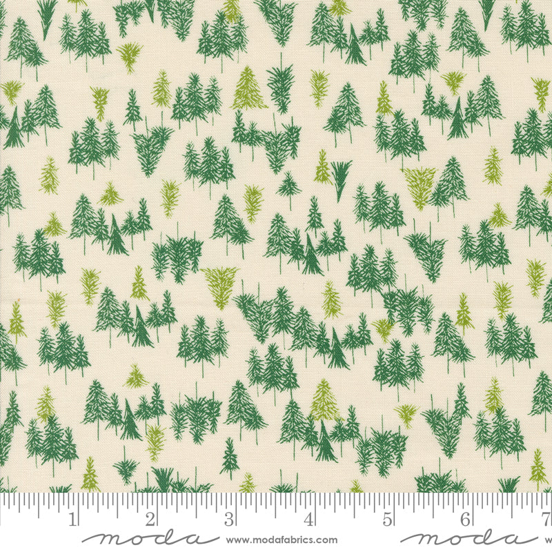 Cotton quilting fabric pattern called 'Tree Farm in Natural'. Part of the 'Cozy Wonderland' fabric collection. Designed by Fancy That Design House for fabric company Moda. SKU: 45594 11. 44-45 inch width.